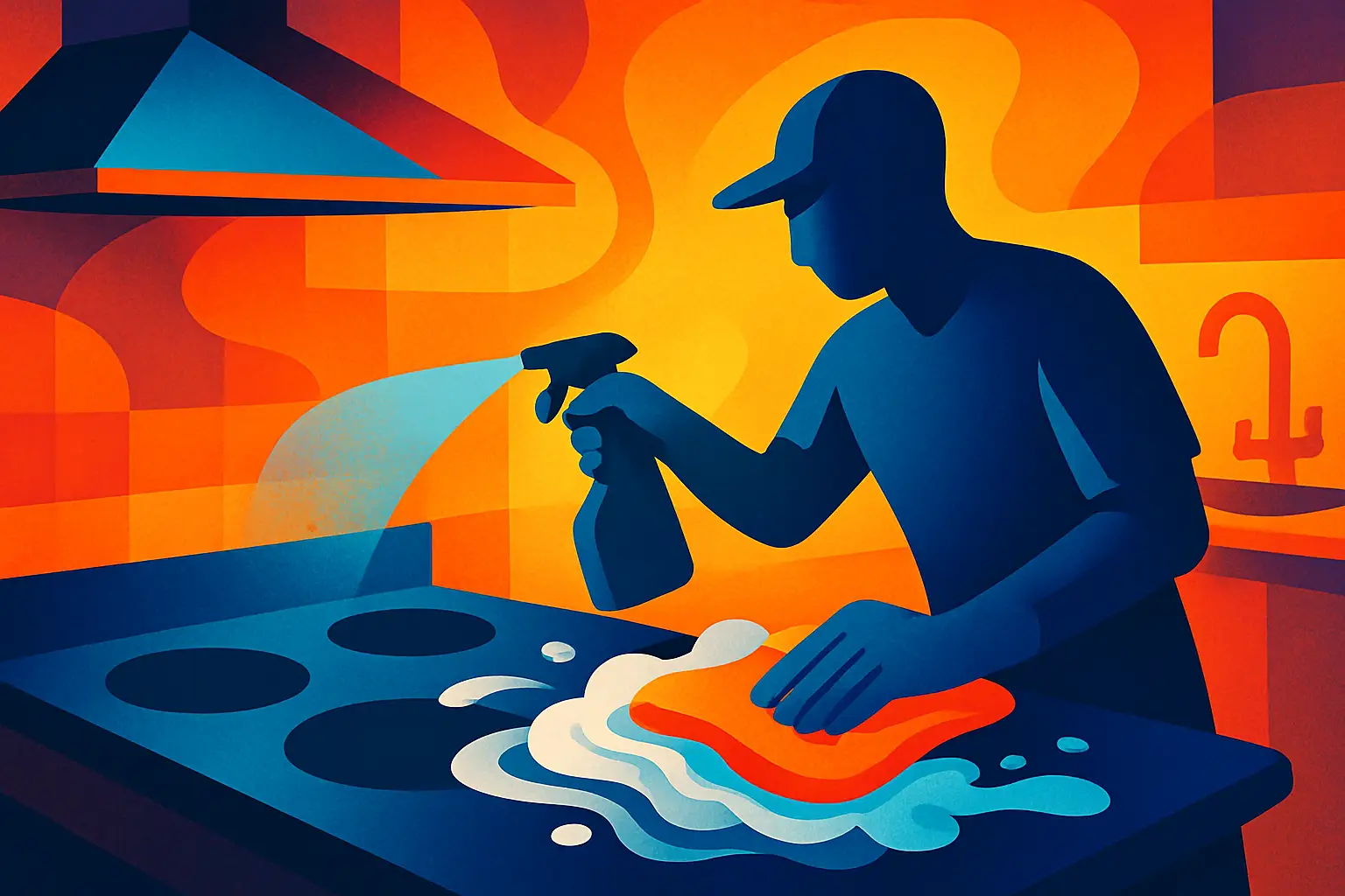 A brightly coloured image illustrating a male cleaning operative in a commercial kitchen. The image illustrates an article about Commercial Kitchen Cleaning in Gainsborough and North Nottinghamshire